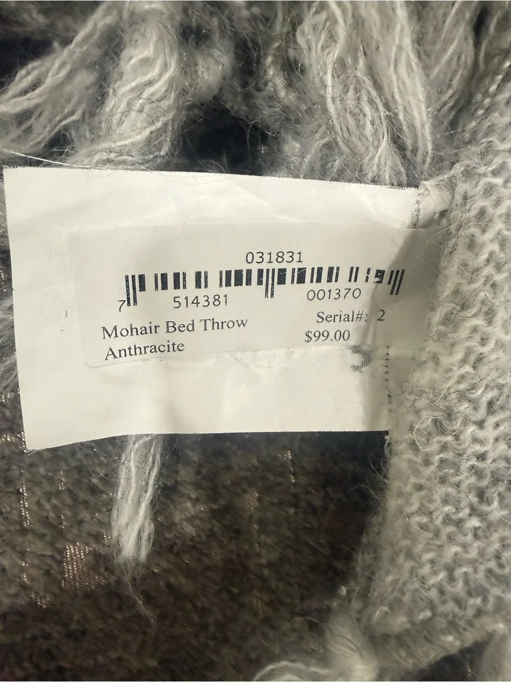NWT Ethan Allen Mohair Throw In Anthracite (Gray)
